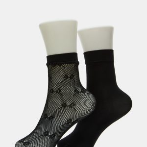 2 PACK BOW FISHNET ANKLET SOCKS BLACK